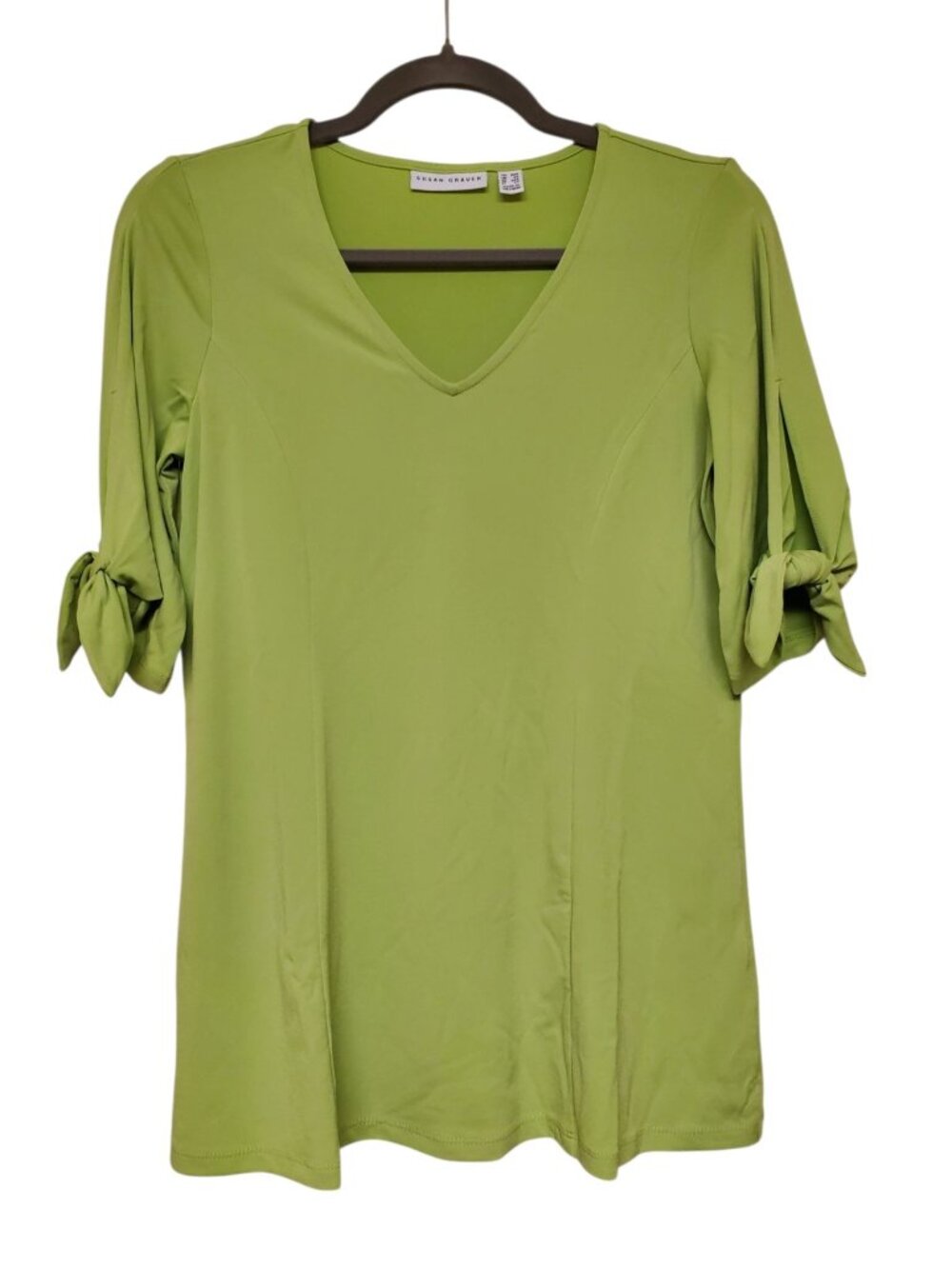 Susan Graver Women's Lime Green Keyhole Sleeve V-Neck Top Blouse Size XXS